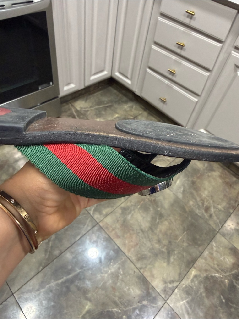 Gucci Green & Red Web Thong Sandals with Gold Double G - Picture 6 of 9